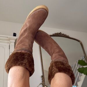 Free People NEW Shearling Boots Laid Back London pull on Cognac Suede Shearling